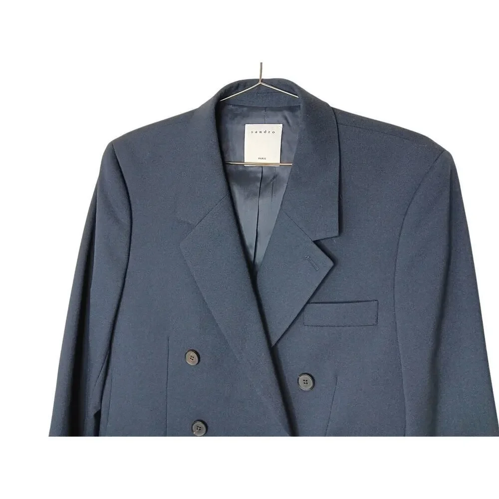 Sandro Paris Blazer Jacket FR 48 US 38 Navy Wool Double Breasted Mens Oversized